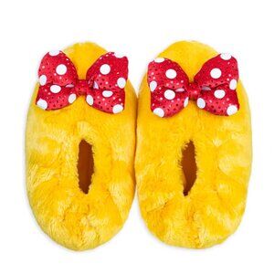Disney Parks Medium Minnie Mouse Yellow Plush Slippers Shoes Sequin Bow Soft NEW